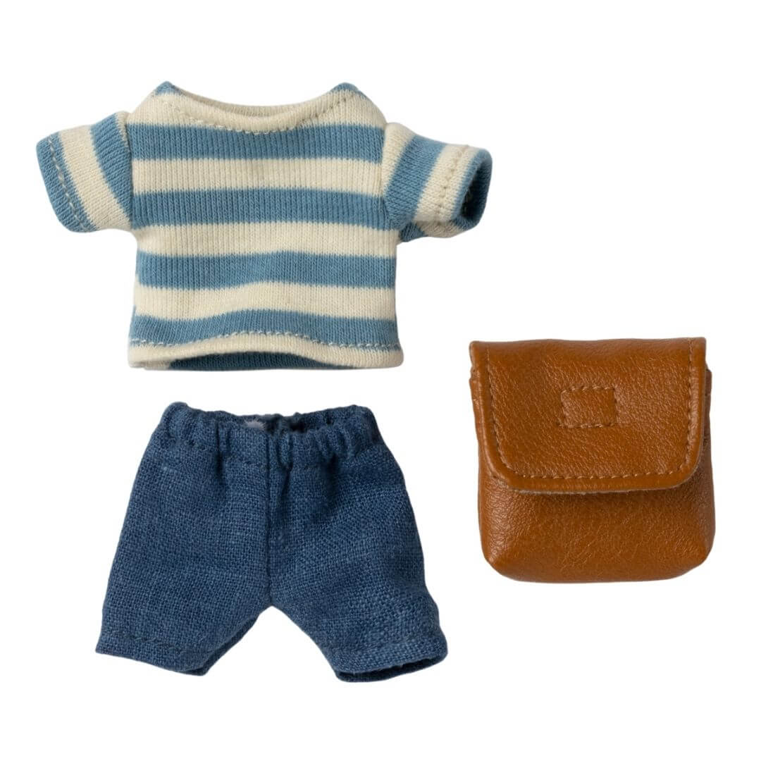 Maileg - Striped shirt and jean shorts and brown bag for Big brother mouse - Bella Luna Toys